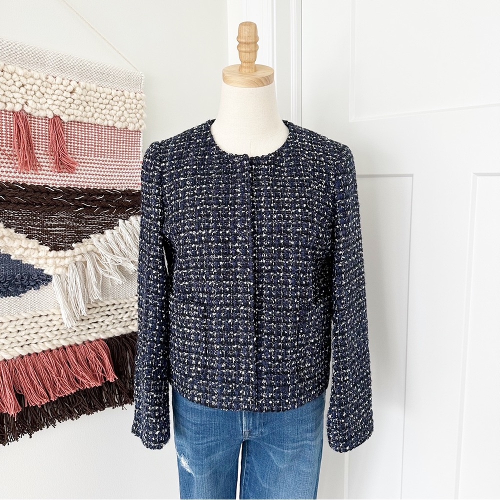 J. Crew Midnight Collarless Metallic Tweed Jacket Blazer Nay Blue Size 6